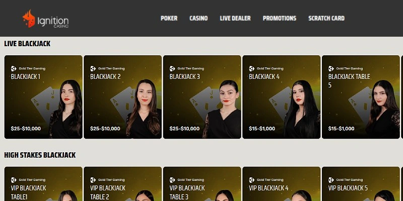 Ignition live dealer blackjack tables with real dealers and table limits