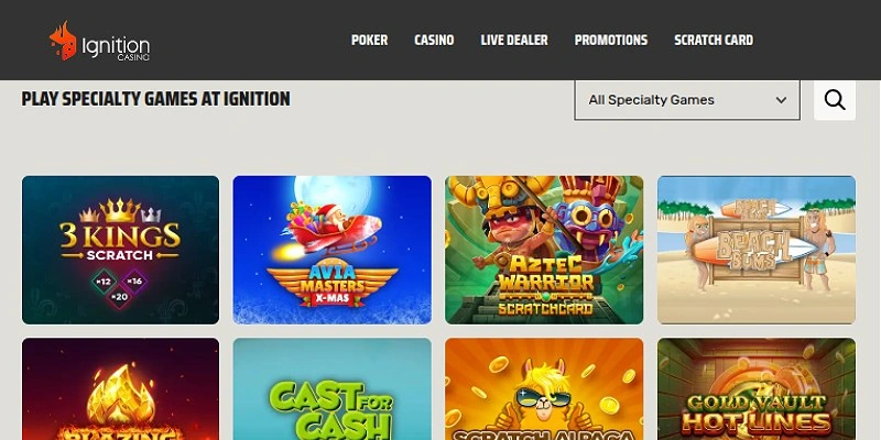 Ignition Casino specialty games lobby with scratch cards and instant-win titles