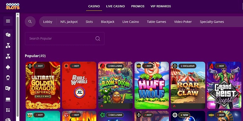 Super Slots casino lobby with New Games and Popular slot rows